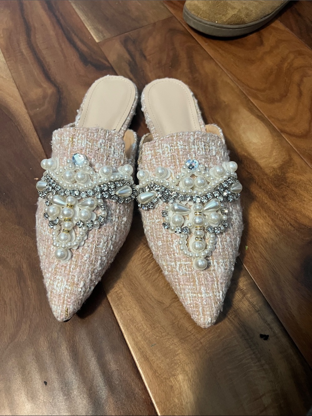 Pearl & Crystal Embellished Pink Tweed Pointed Mules